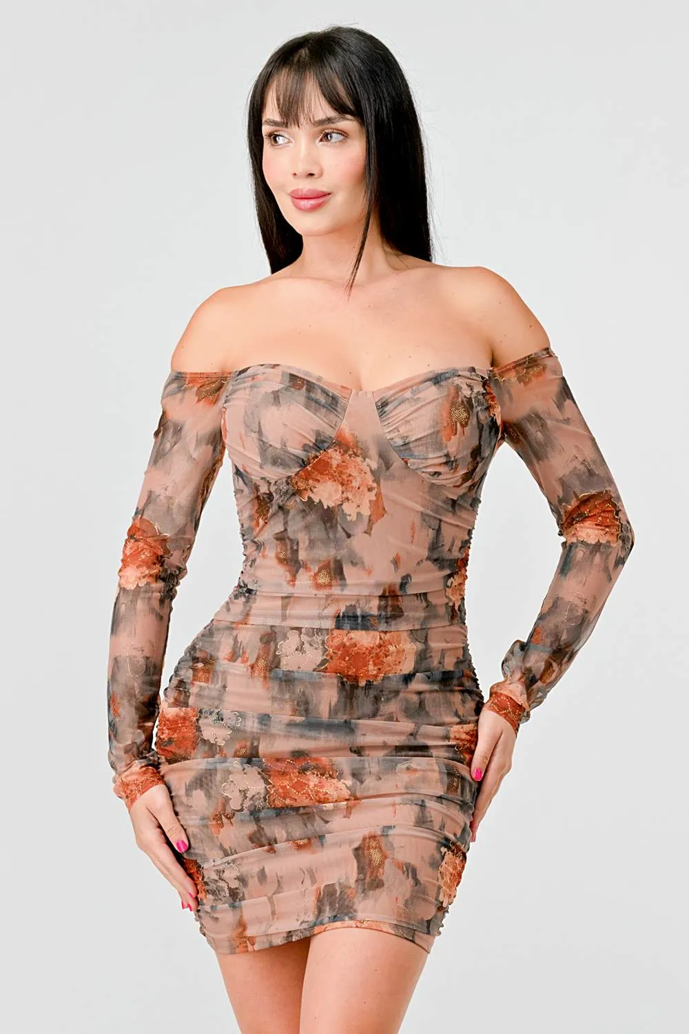 FLORAL GOLD METALLIC MESH OFF SHOULDER MINI DRESS