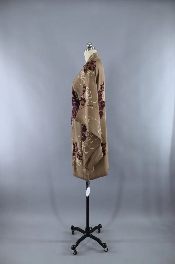 Vintage 1920s Silk Kimono Cardigan Jacket / Taupe Chrysanthemum Floral